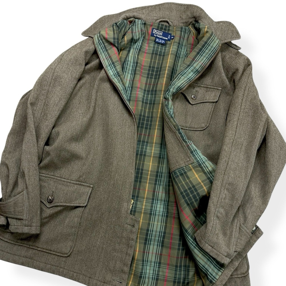 VTG Polo Ralph Lauren Wool Olive Green Harrington Jacket Plaid Lined‎ Men's XL